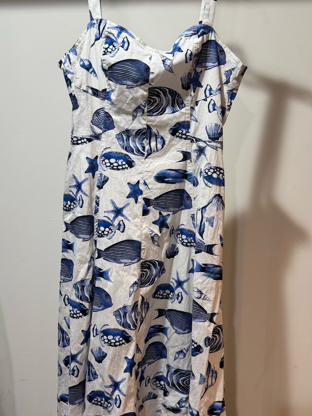 NWT Avec Les Filles Blue and White Strapless Shell-Print Dress